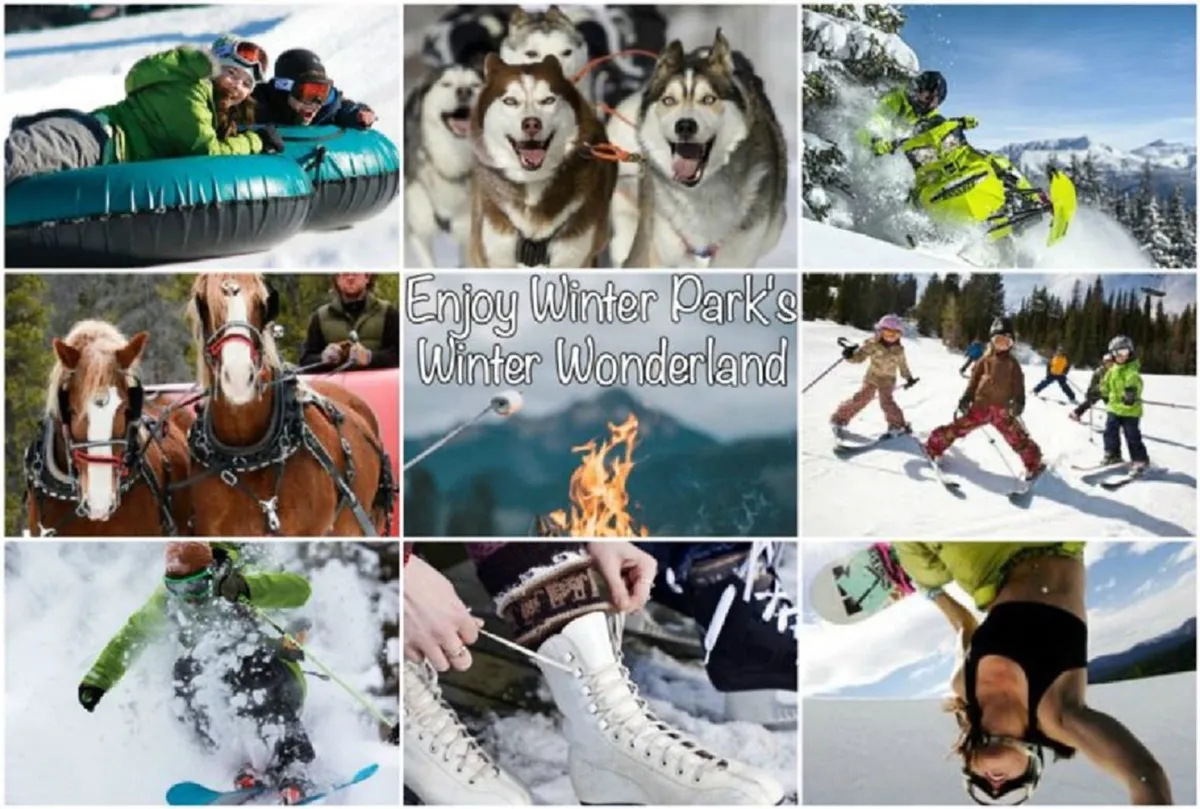 An energetic outdoor winter scene featuring people snow tubing, kids skiing, sled dogs, snowmobiles, and a horse-drawn sleigh ride, all set against a backdrop of fresh snow and a fireside gathering spot.