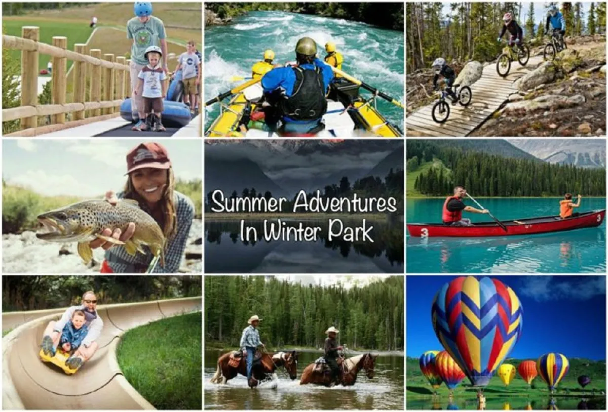 Vibrant scenes of families engaging in various outdoor activities such as rafting, biking on scenic trails, water adventures, and even hot air balloon rides. The image conveys energy, joy, and the thrill of seasonal adventures in a mountain setting.
