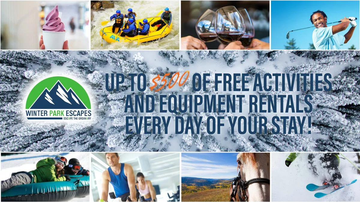 A lively collage of outdoor adventures, from white-water rafting in summer to skiing, wine tasting, and horseback riding, set in vibrant mountain landscapes. The image highlights both winter and summer activities, including gourmet treats and scenic backdrops.