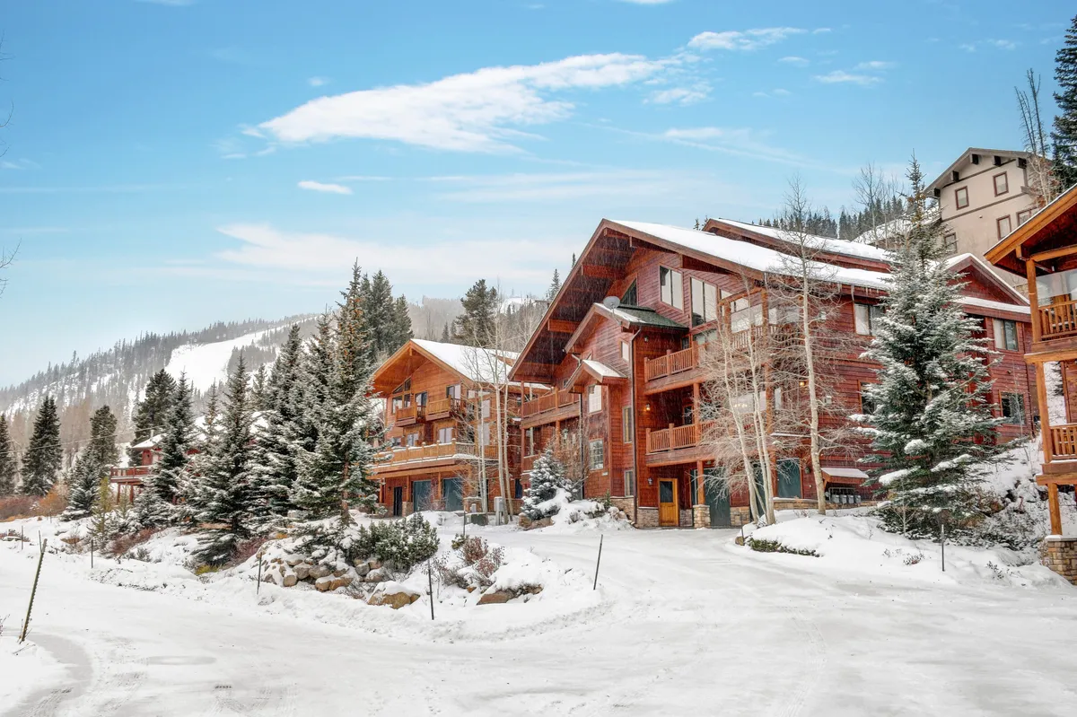 This exterior shot features a cozy wooden home nestled among pine trees with a snow-covered ground and a breathtaking mountain backdrop. The view highlights the immediate natural surroundings, ideal for outdoor activities and pet-friendly adventures.