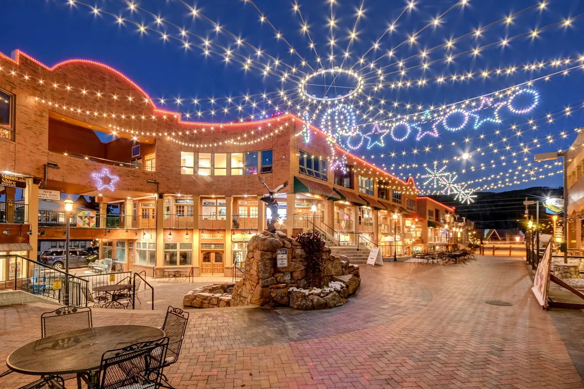 A lively exterior scene with decorative lights strung overhead, a brick walkway, and a central fountain. The area feels festive and social, suggesting the presence of community events and opportunities for socializing with pets in tow.