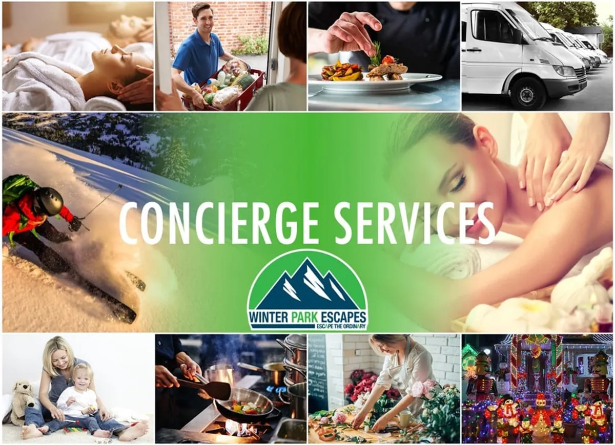 A collage-style image showcasing a luxurious spa treatment, family bonding moments, gourmet meal preparation, outdoor skiing, event planning activities, and transportation services. The visual blends indoor luxury experiences with glimpses of curated outdoor adventures, reflecting the full spectrum of curated, high-end services available to guests.